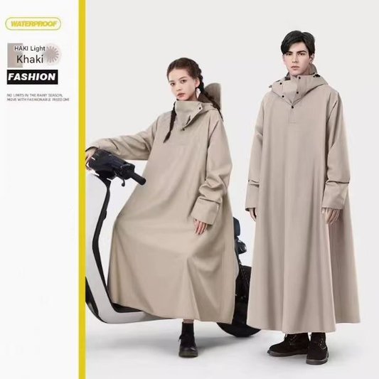 Khaki Long Full-Body Waterproof Raincoat for Electric Scooters & Motorcycles - Men's and Women's Riding Poncho with Adjustable Hood and Sleeve Design(XL).