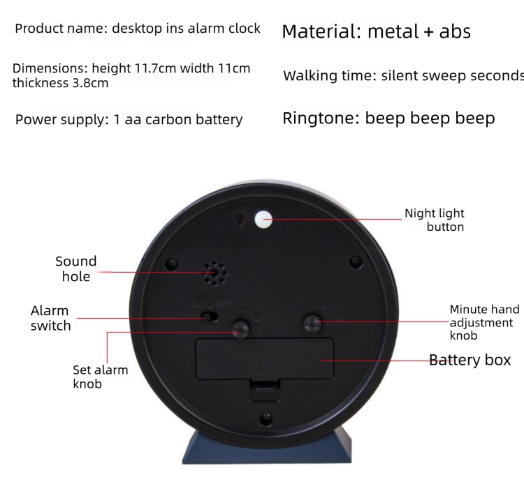Dark green Minimalist Silent Alarm Clock with Night Light - Non-Ticking Analogue Bedside & Desk Clock