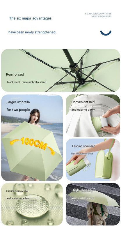 Mini Pocket Umbrella with Matching Crossbody Bag - UV Protection, 6-Rib Windproof Design(beige)