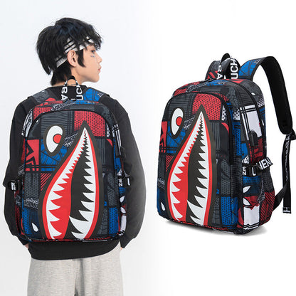 Trendsetter Shark Mouth Print Backpack - Lightweight & Breathable School Bag(Laser Blue)