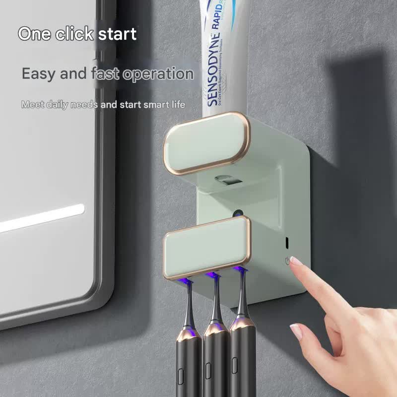 Automatic Toothpaste Dispenser with UVC Toothbrush Sterilizer & Holder - Wall Mounted, Rechargeable(Beige)