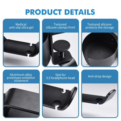 Heavy-Duty All-Metal Desk Clamp with 360-Degree Swivel Headphone Hanger & Cup Holder(black)