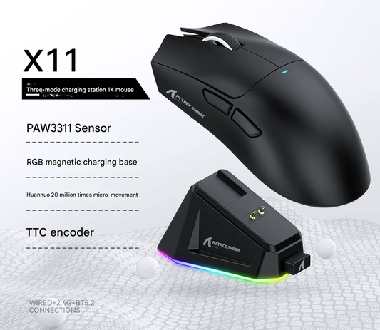 High-Performance Tri-Mode Wireless Gaming Mouse - 22000 DPI, Rechargeable, with RGB Charging Dock(black).