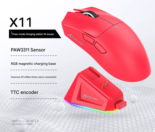 High-Performance Tri-Mode Wireless Gaming Mouse - 22000 DPI, Rechargeable, with RGB Charging Dock(red).