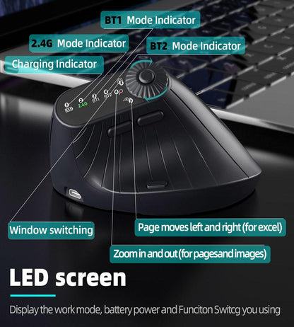Ergonomic Vertical Mouse - 2.4G/Bluetooth Multi-Mode, LED Display, 57-Degree Angle, & 400mAh Battery(Beige).
