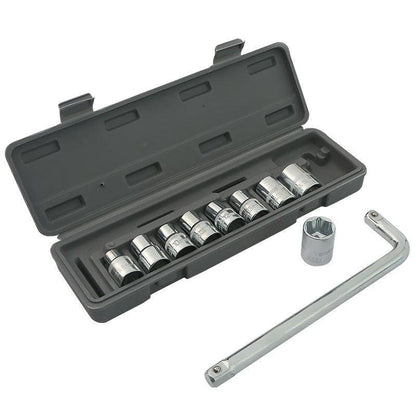 Two 10-piece L-shaped socket wrench sets - 1/2" drive chrome vanadium steel with metric sockets and housings(gray).
