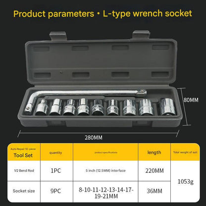 Two 10-piece L-shaped socket wrench sets - 1/2" drive chrome vanadium steel with metric sockets and housings(gray).