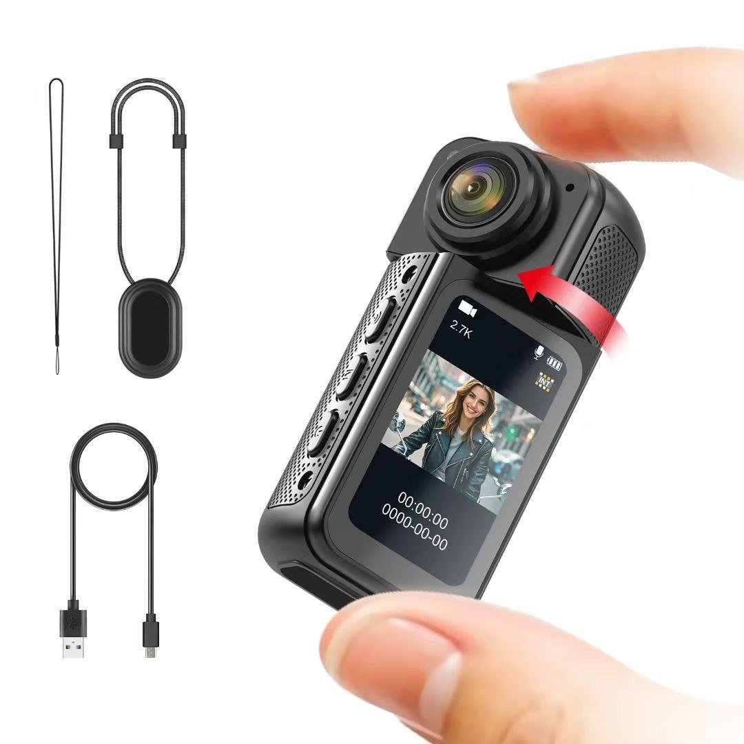 Thumb-Sized 2.7K Camera with 180 Rotatable Lens & Magnet Mount - Capture Your World Hands-Free(black+128G).
