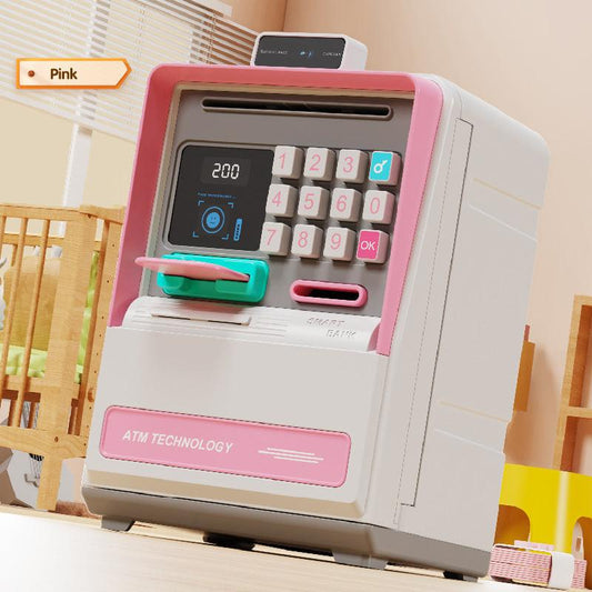 Kids Electronic ATM Piggy Bank with Simulated Facial Recognition & Password - Auto Roll-in Banknote & Coin Money Box for Financial Learning(pink).