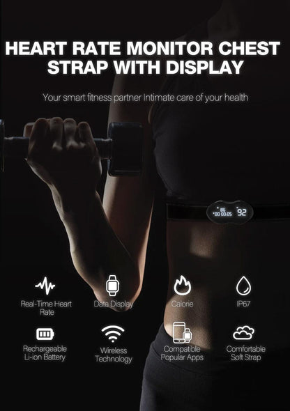 Smart Fitness Heart Rate Monitor Chest Strap with Data Display - IP67 Waterproof, Rechargeable, BLE & ANT+(black).