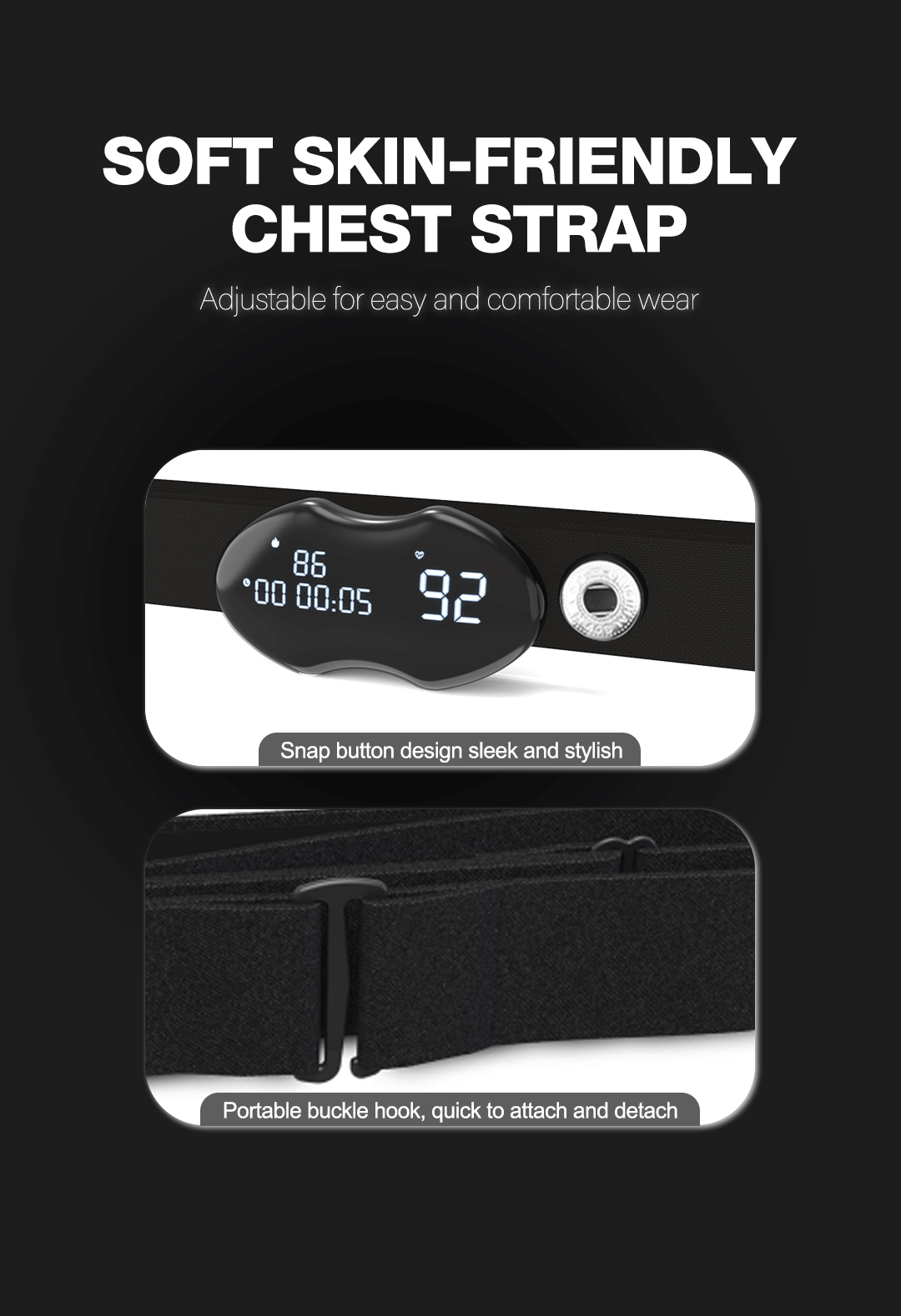 Smart Fitness Heart Rate Monitor Chest Strap with Data Display - IP67 Waterproof, Rechargeable, BLE & ANT+(black).