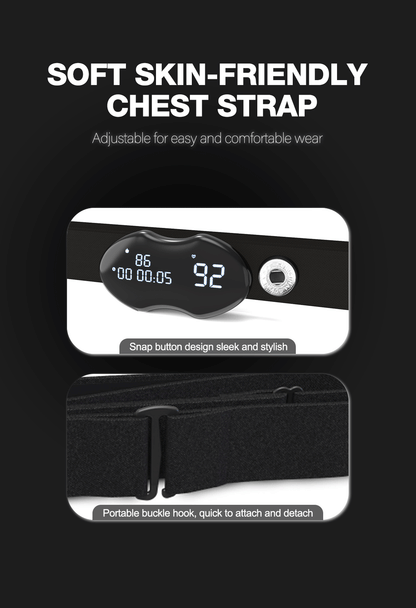 Smart Fitness Heart Rate Monitor Chest Strap with Data Display - IP67 Waterproof, Rechargeable, BLE & ANT+(black).