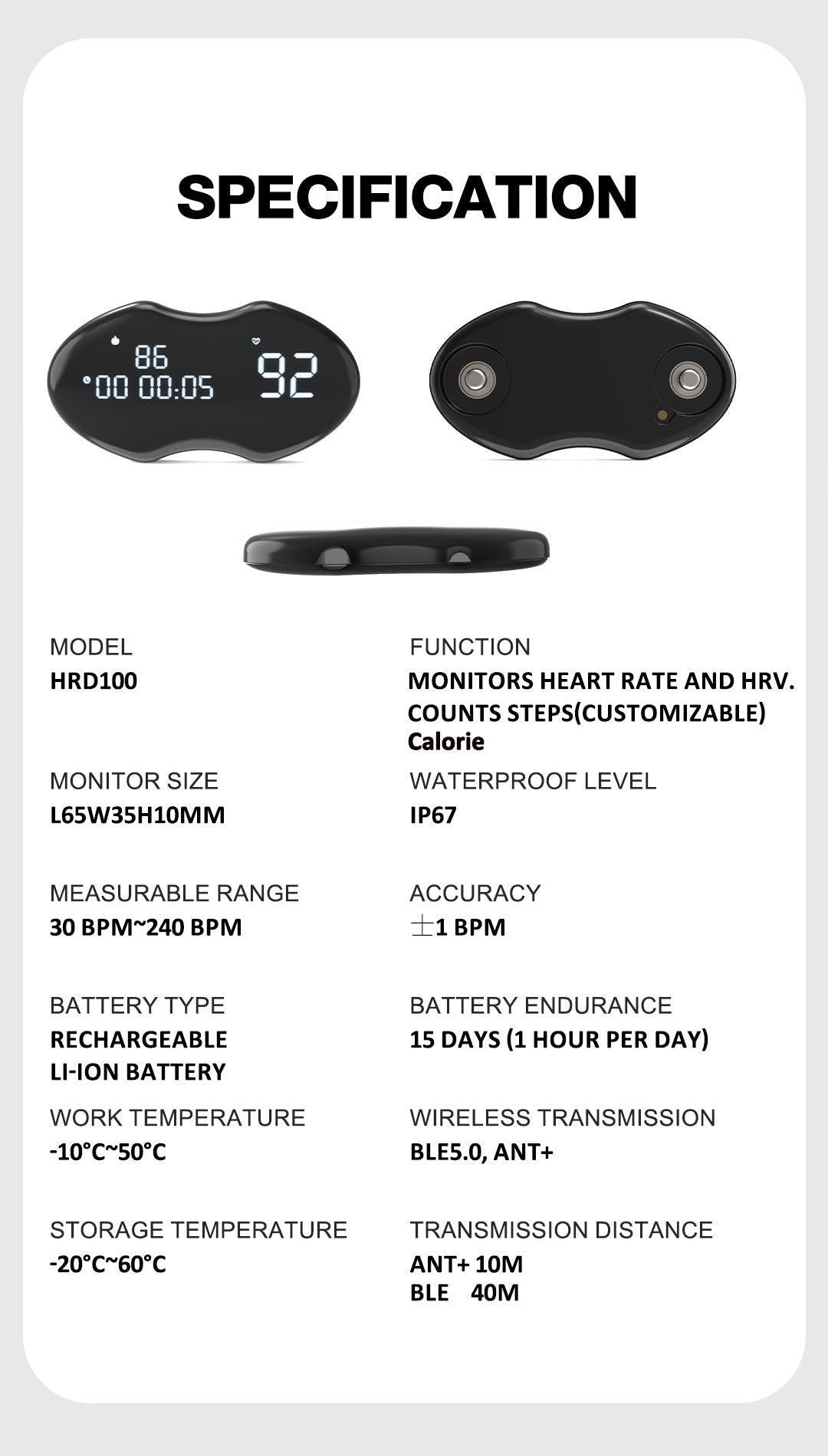 Smart Fitness Heart Rate Monitor Chest Strap with Data Display - IP67 Waterproof, Rechargeable, BLE & ANT+(black).