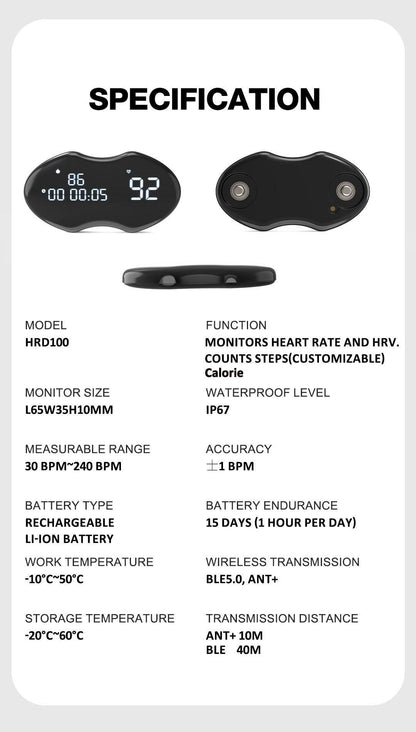 Smart Fitness Heart Rate Monitor Chest Strap with Data Display - IP67 Waterproof, Rechargeable, BLE & ANT+(black).