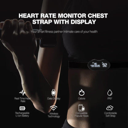 Smart Fitness Heart Rate Monitor Chest Strap with Data Display - IP67 Waterproof, Rechargeable, BLE & ANT+(black).