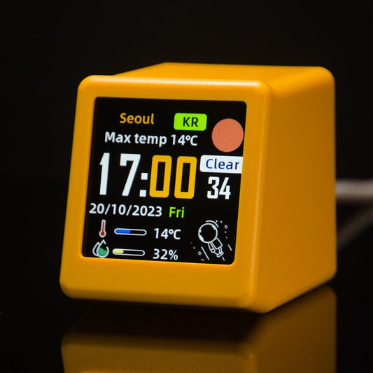 2pc Mini Smart Wi-Fi Weather Station Clock - Desktop Digital Clock with HD IPS Screen, Customizable GIF Display & 3-Day Forecast(Yellow).
