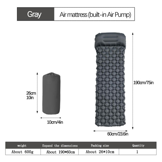 2pc Ultralight Inflatable Camping Sleeping Mat with Integrated Pillow - Waterproof 40D Nylon TPU(Grey).
