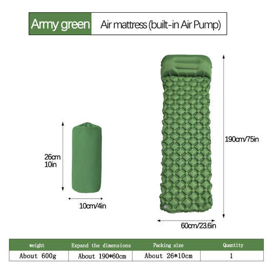 2pc Ultralight Inflatable Camping Sleeping Mat with Integrated Pillow - Waterproof 40D Nylon TPU(Army Green).