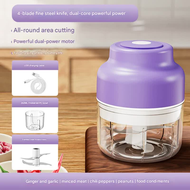 Powerful Mini Electric Food Chopper - USB Rechargeable Cordless Garlic & Meat Mincer(purple 250ml + 4-blade knife)