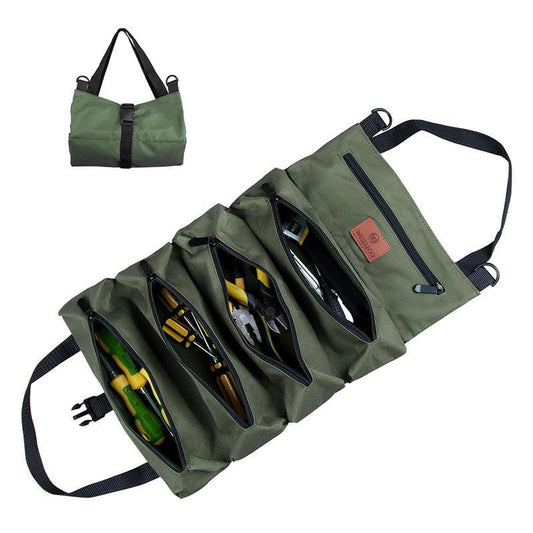 Heavy-Duty Canvas Tool Roll Up Bag & Organizer Tote - Multi-Pocket Wrench & Tool Pouch(Green).