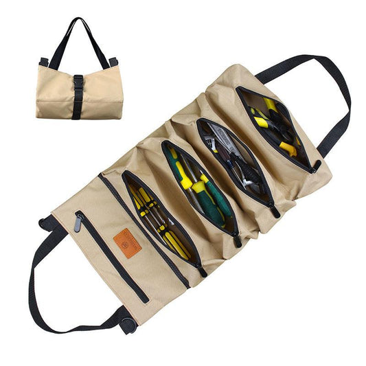 Heavy-Duty Canvas Tool Roll Up Bag & Organizer Tote - Multi-Pocket Wrench & Tool Pouch(Khaki).