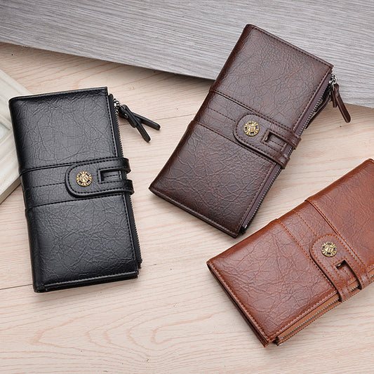 Coffee Men's Vintage PU Leather Long Wallet - High Capacity Dual Zipper Clutch with Phone & Card Slots