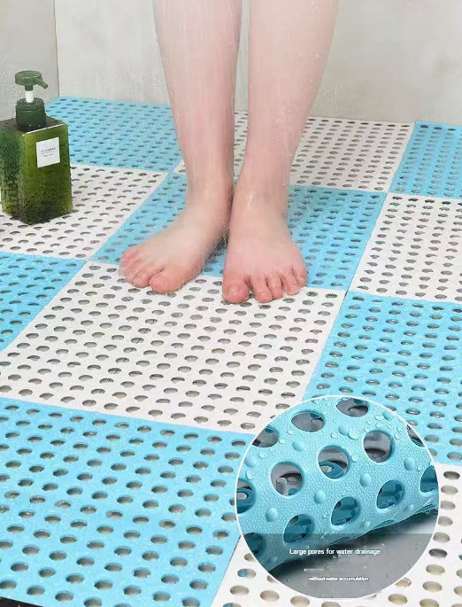 Sky Blue And White DIY Interlocking Non-Slip Floor Tiles - 18-Pack PVC Drainage Mat for Shower & Bathroom Safety