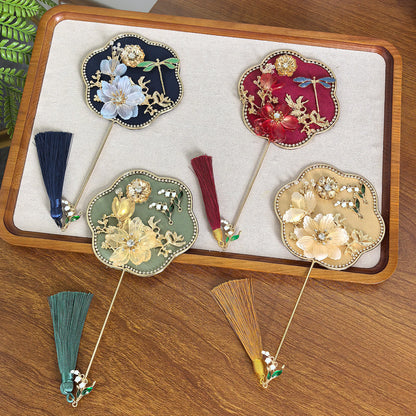 Dark Blue Exquisite Chinese Palace Style Mini Fan - Handheld Decorative Prop with Tassel for Photoshoots