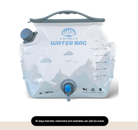 1 Piece Grey 8L Foldable Water Bag - Large Capacity Portable Water Carrier with Spigot for Camping & Outdoors.