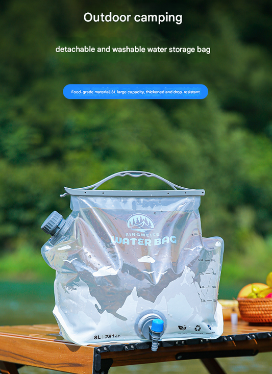 1 Piece Grey 8L Foldable Water Bag - Large Capacity Portable Water Carrier with Spigot for Camping & Outdoors.