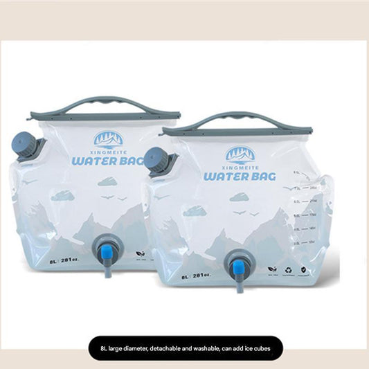 2 Pcs Grey 8L Foldable Water Bag - Large Capacity Portable Water Carrier with Spigot for Camping & Outdoors.