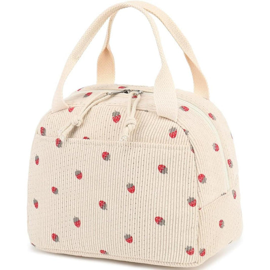 Beige Strawberry Pattern Corduroy Lunch Bag - Insulated Thermal Cooler Tote for School Work and Picnics.