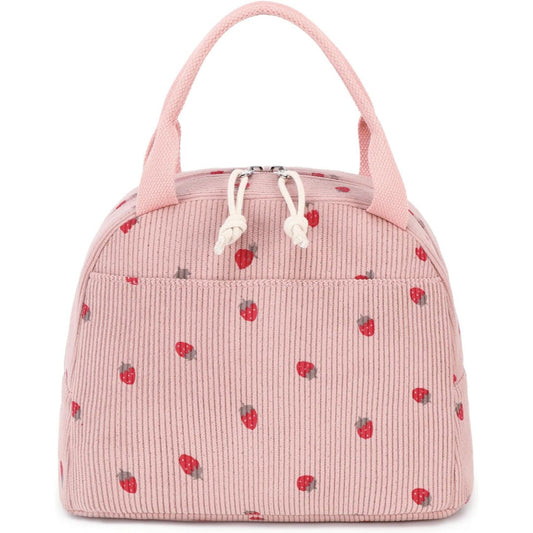 Pink Strawberry Pattern Corduroy Lunch Bag - Insulated Thermal Cooler Tote for School Work and Picnics.