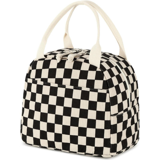 Black and White Checkered Pattern Corduroy Lunch Bag - Insulated Thermal Cooler Tote for School Work and Picnics.