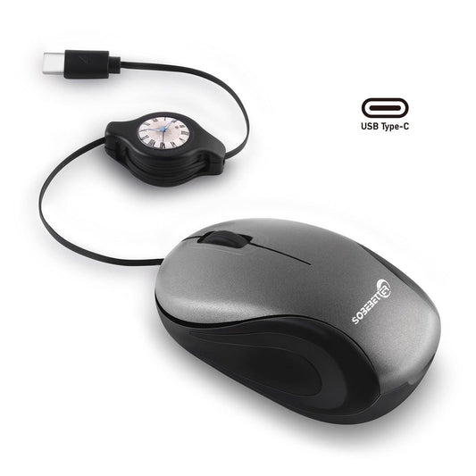 Grey and Black Portable Mini USB-C Mouse with Retractable Cable - Silent Click Travel Mouse for Laptop, MacBook, Tablet.