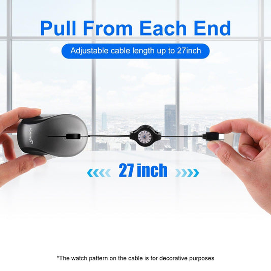 Grey and Black Portable Mini USB-C Mouse with Retractable Cable - Silent Click Travel Mouse for Laptop, MacBook, Tablet.