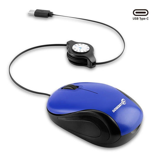 Blue and Black Portable Mini USB-C Mouse with Retractable Cable - Silent Click Travel Mouse for Laptop, MacBook, Tablet.