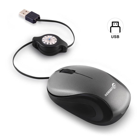 Grey and Black Portable Mini USB Mouse with Retractable Cable - Compact Travel Mouse for PC and Laptop.