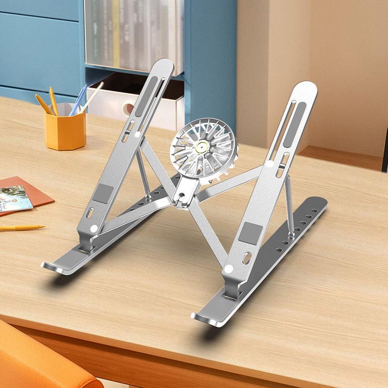 Silver Adjustable Aluminum Laptop Stand with Detachable Cooling Fan - Portable Ergonomic Riser for Desk.