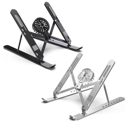 Silver Adjustable Aluminum Laptop Stand with Detachable Cooling Fan - Portable Ergonomic Riser for Desk.