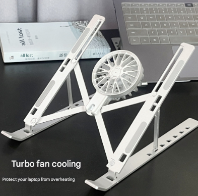 Silver Adjustable Aluminum Laptop Stand with Detachable Cooling Fan - Portable Ergonomic Riser for Desk.