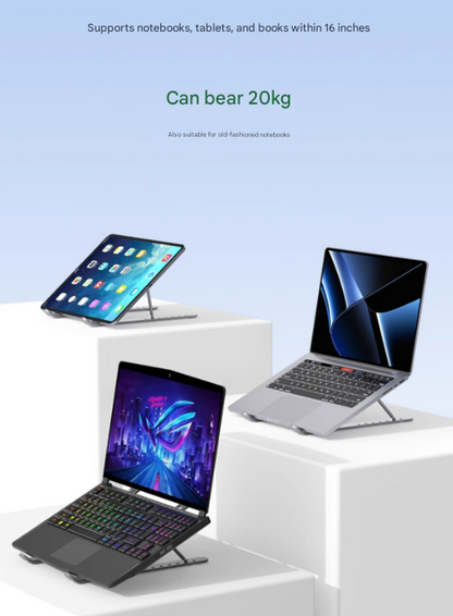 Silver Adjustable Aluminum Laptop Stand with Detachable Cooling Fan - Portable Ergonomic Riser for Desk.