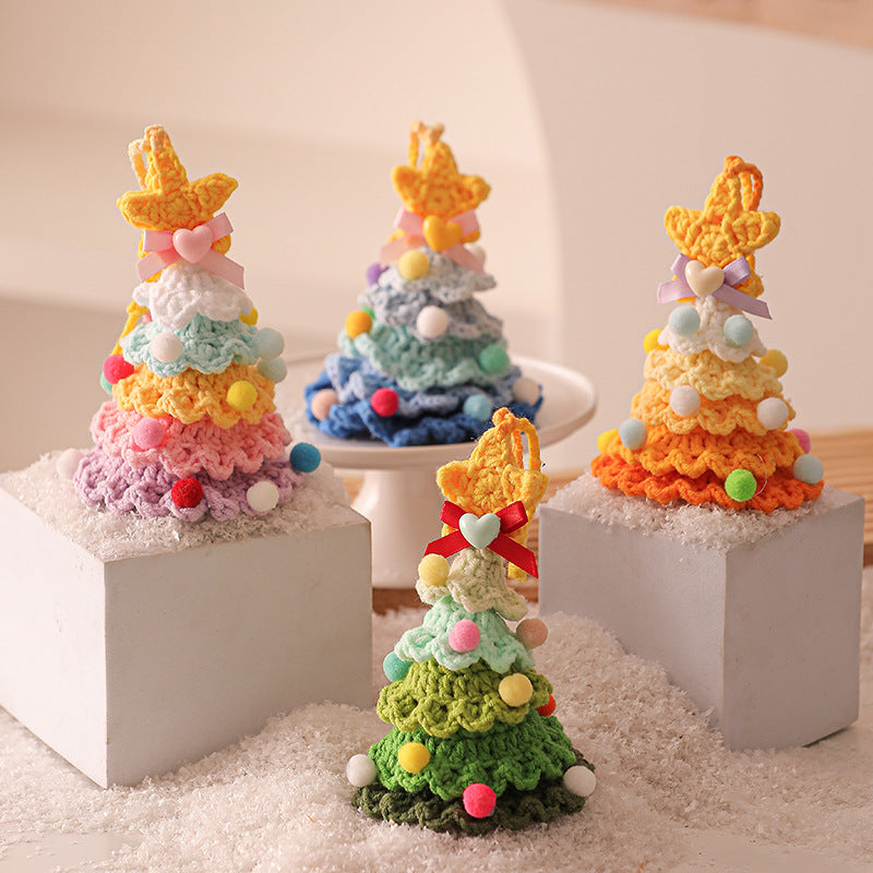 2 Pcs Style C Yellow and Green Handmade Crochet Christmas Tree Ornament - Festive Hanging Decoration with Jingle Bell