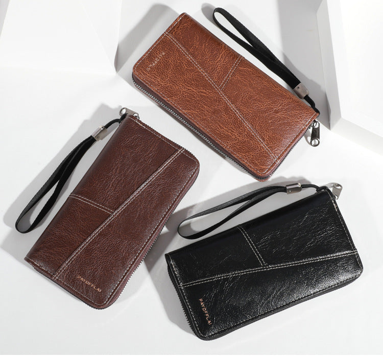 Coffee Men's Long Zipper Wallet Clutch - PU Leather Wristlet with Phone and Card Slots
