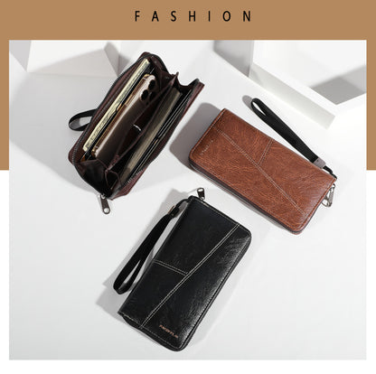 Coffee Men's Long Zipper Wallet Clutch - PU Leather Wristlet with Phone and Card Slots