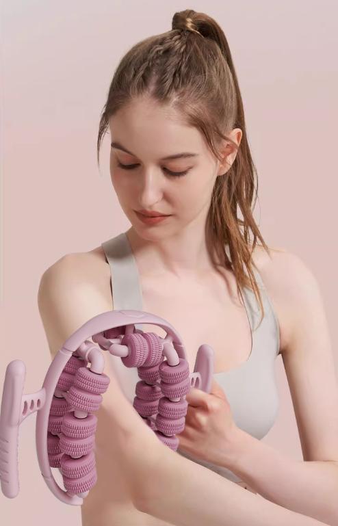 Pink 360Â°Wrap-Around Muscle Roller - 28-Wheel Massager for Legs, Arms & Calves.