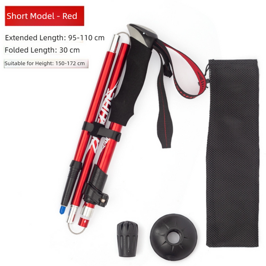 Short Red Ultralight Foldable Hiking Pole - Adjustable Aluminium Trekking Stick with EVA Grip for Outdoor Walking & Climbing.