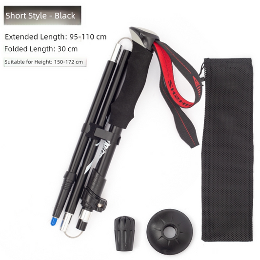 Short Black Ultralight Foldable Hiking Pole - Adjustable Aluminium Trekking Stick with EVA Grip for Outdoor Walking & Climbing.