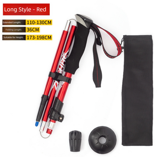 Long Red Ultralight Foldable Hiking Pole - Adjustable Aluminium Trekking Stick with EVA Grip for Outdoor Walking & Climbing.