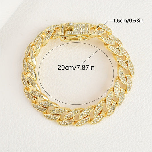Gold 16mm Iced Out Cuban Link Bracelet - Heavy Paved Rhinestone Hip Hop Chain for Men